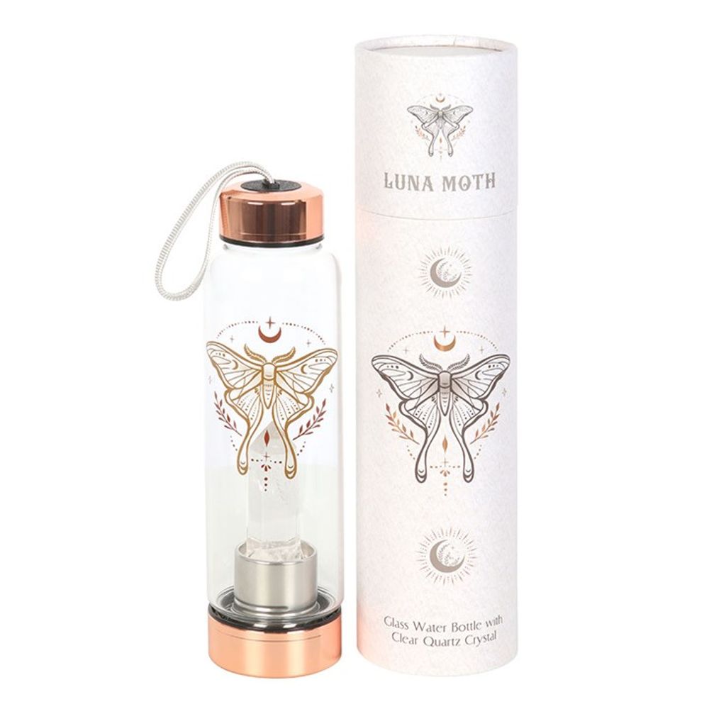 Luna Moth Glass Water Bottle with Clear Quartz Crystal